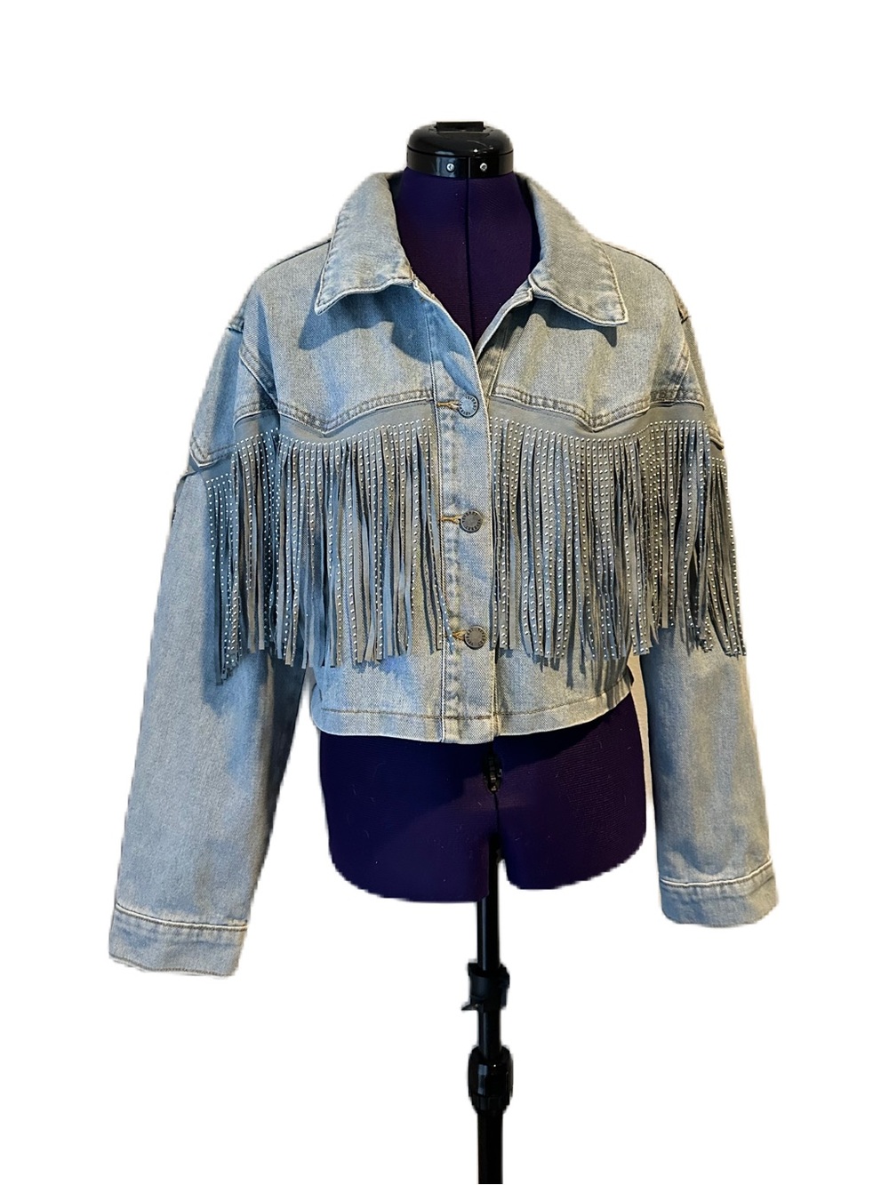Light Blue Jean Denim Rhinestone Fringe Cropped Western Jacket